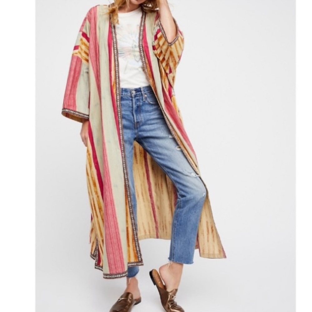 Free People Intimately Free Meadowsweet Kimono Robe Cotton Striped Embroidered - Picture 3 of 13